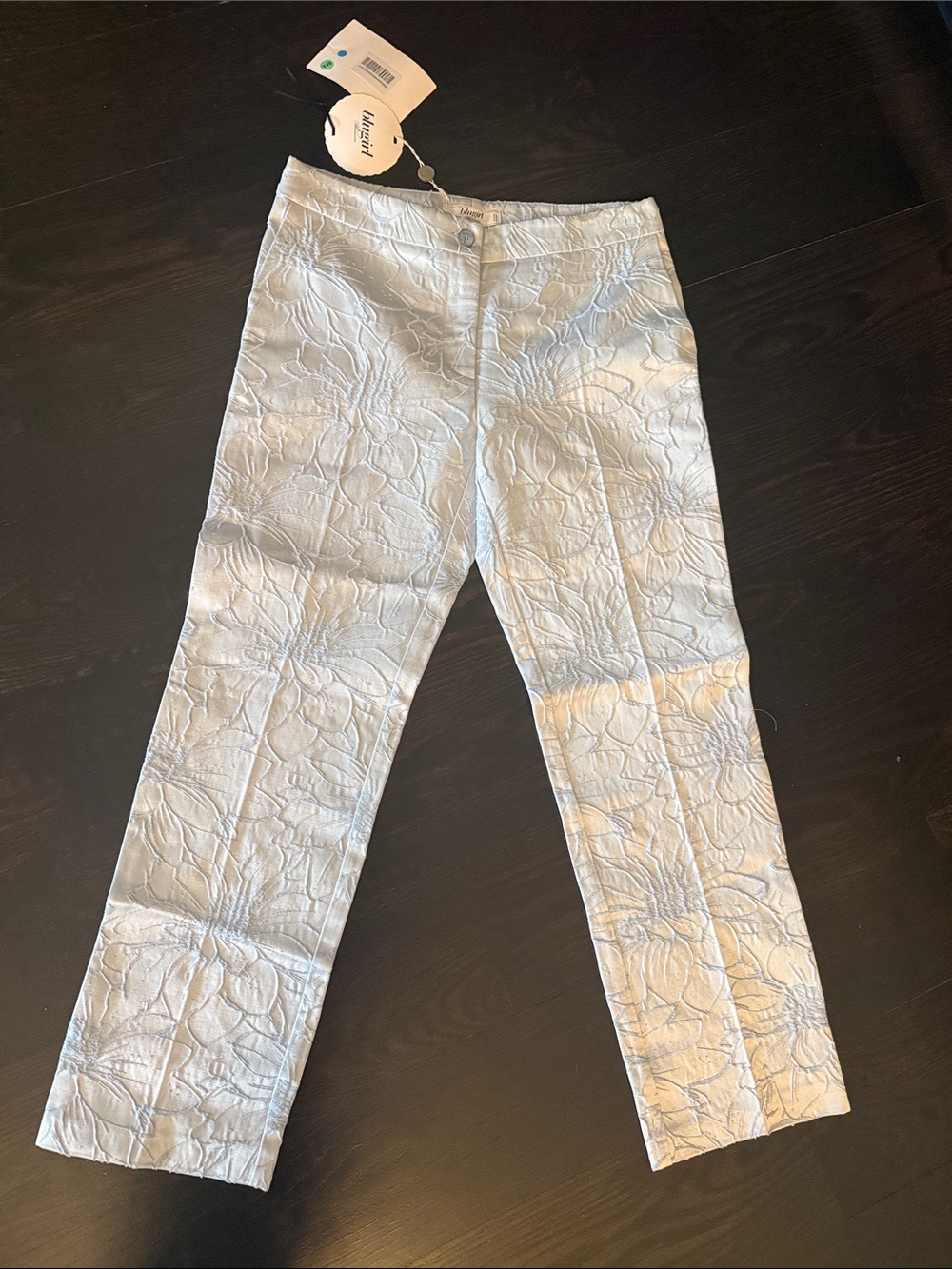 Blumarine Embossed Floral Straight-Leg Pants in Pale Blue